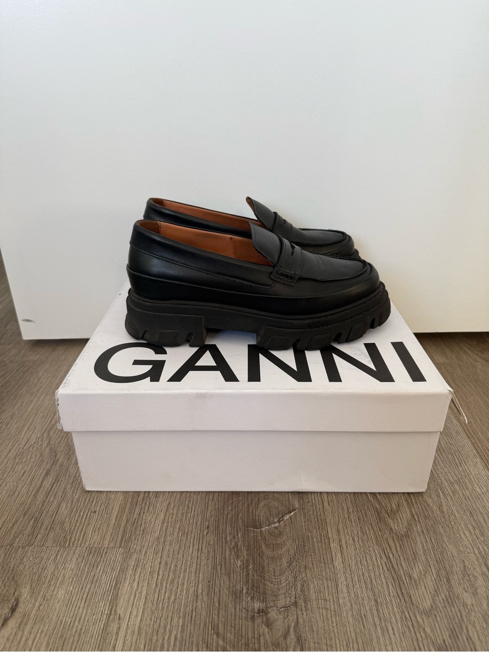 Ganni Black Chunky Lug Leather Penny Loafers